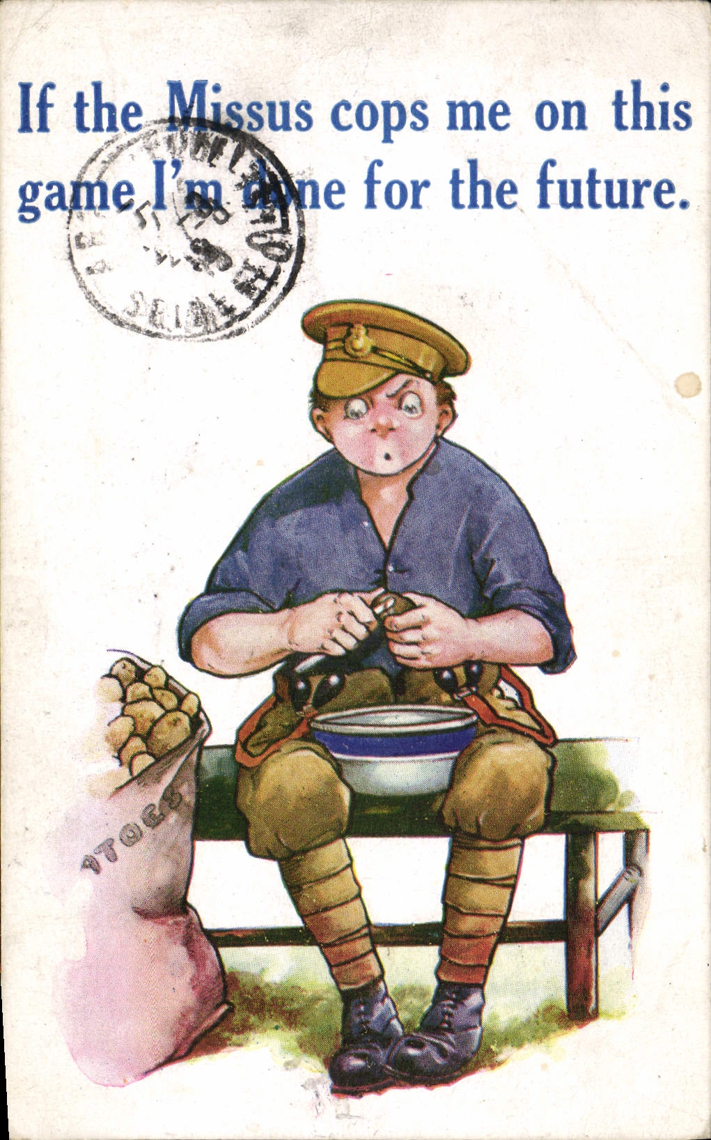 Vintage Postcard Fantasy Illustrator Yew the Missus Cops me one this Militaria range