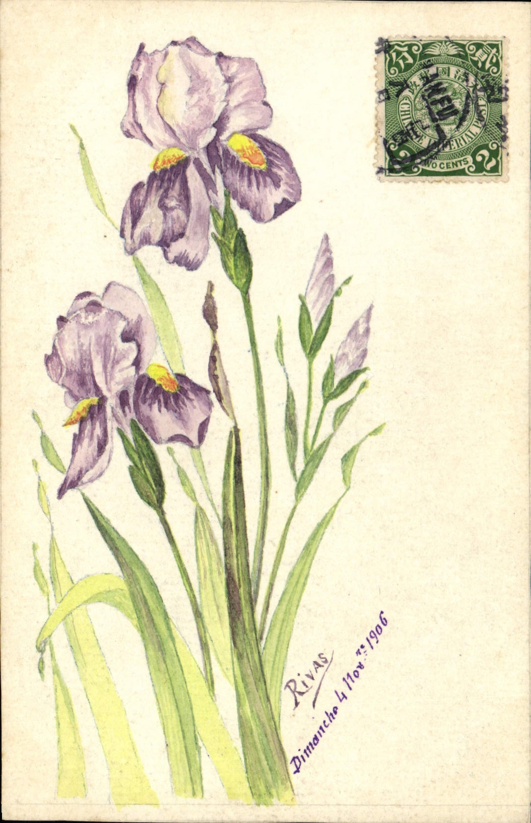 Vintage Postcard Fantaisie China Flowers Clouded (drawing has the hand)