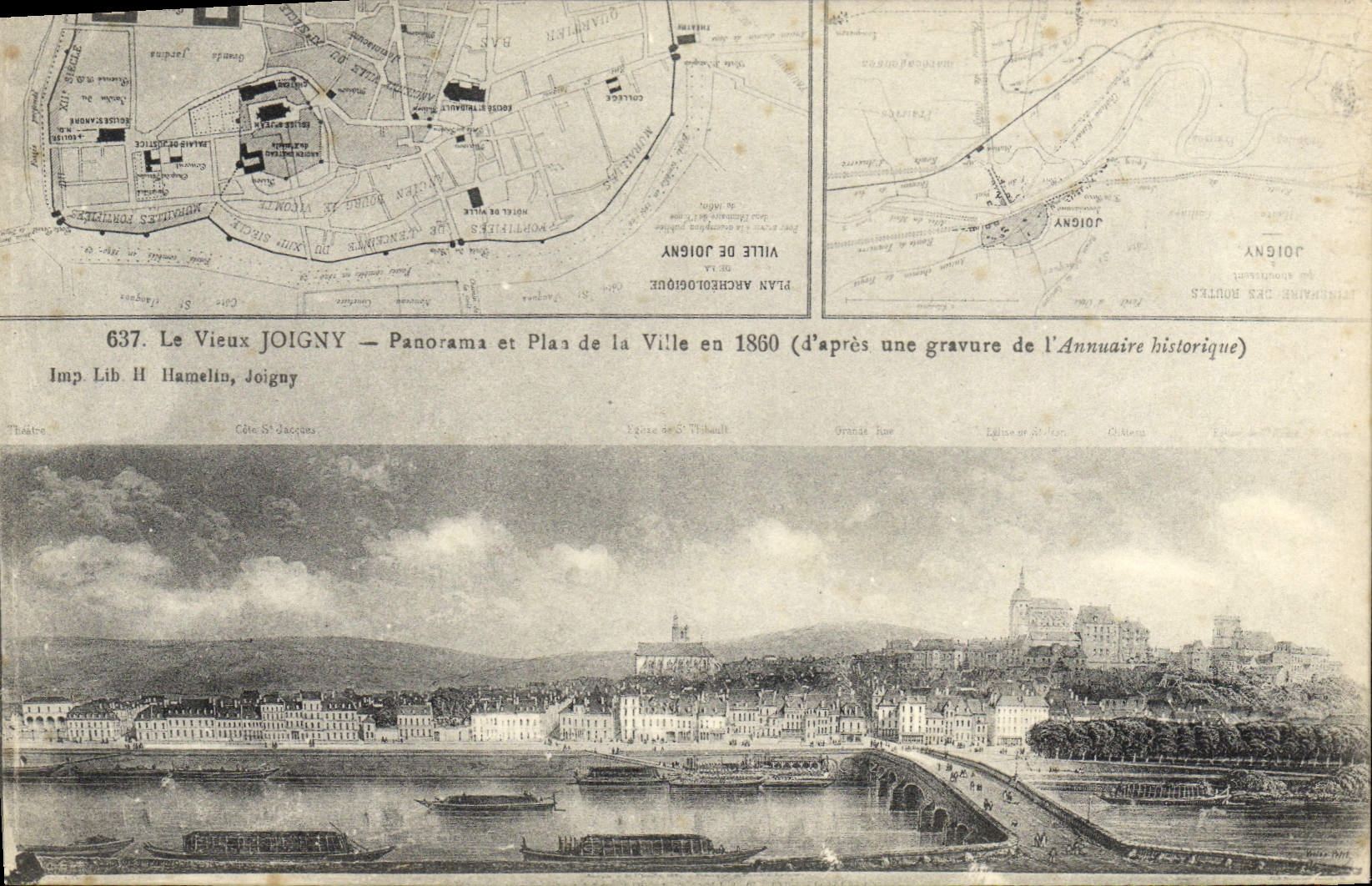 Vintage Postcard the old man Joigny Panorama and plan of the city in 1860