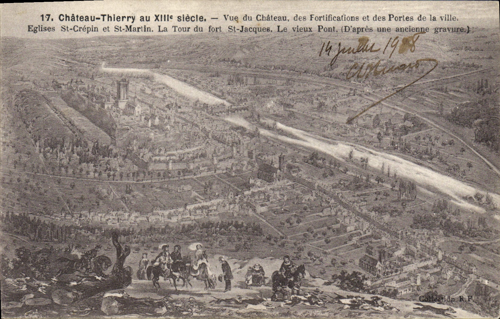 Postal Castillo Thierry Vue del castillo de las fortificaciones y puertas de la ciudad Iglesias San Crispín y San Martin