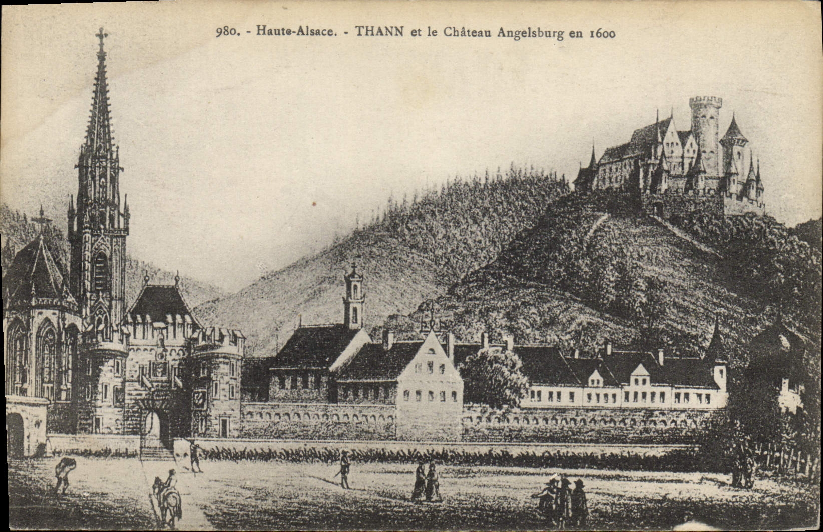 Vintage Postcard High Alsace Thann and the Angelsburg castle in 1600