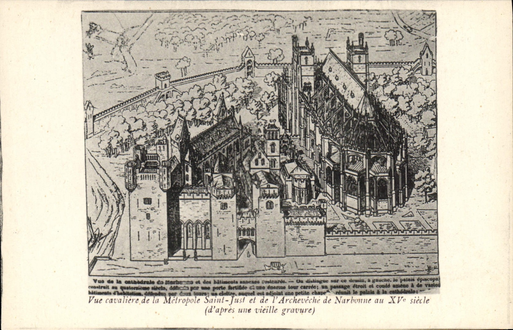 Postal Vista cavaliere de la Metrópolis San Justo y del arzobispo de Narbonne al 15.o