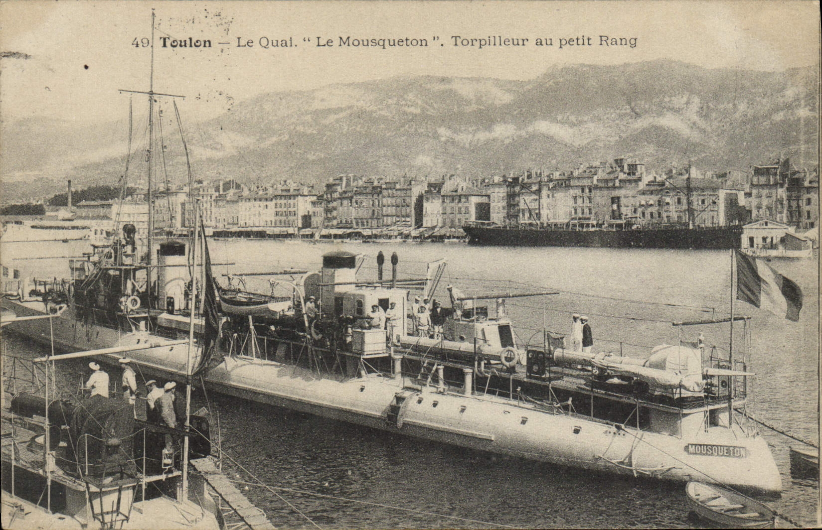 Vintage Postcard Toulon Boat the quay the Snap hook Destroyer with the small row