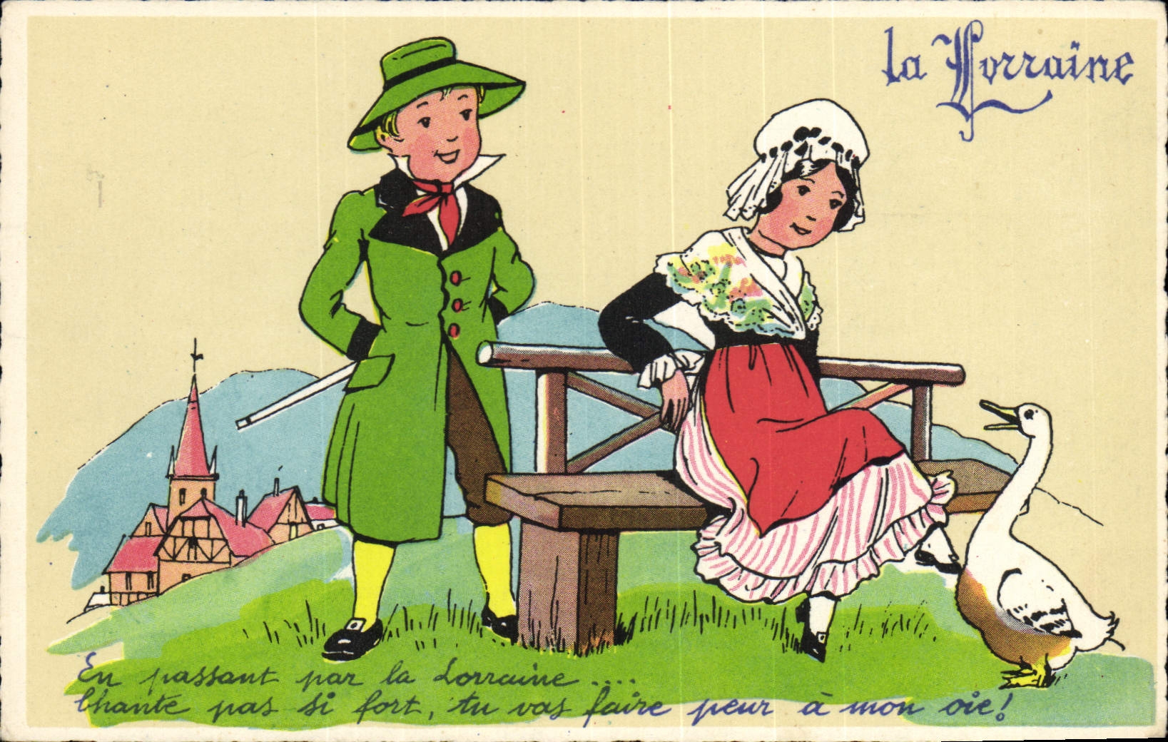 CPA Folklore Alsace Enfants oie