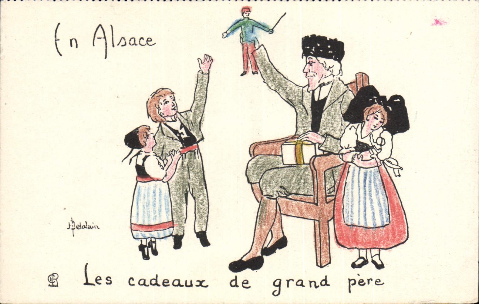 CPA Folklore Alsace Enfants Les cadeaux de Grand pere