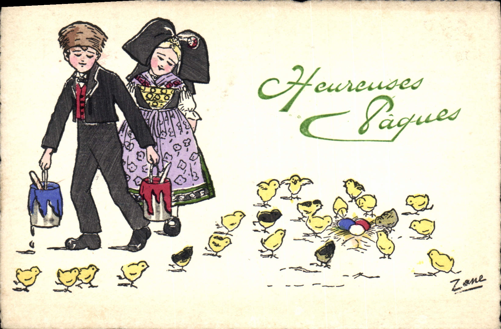 CPA Folklore Alsace Enfants Paques Poussins