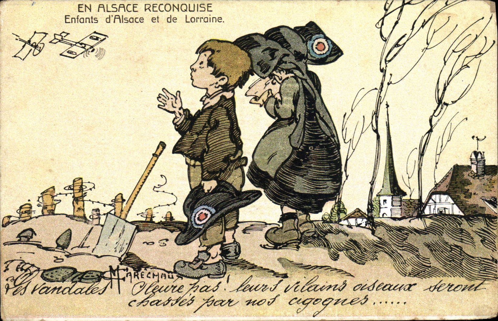 CPA Folklore Alsace En Alsace reconquise Enfants d'Alsace et de Lorraine Avions