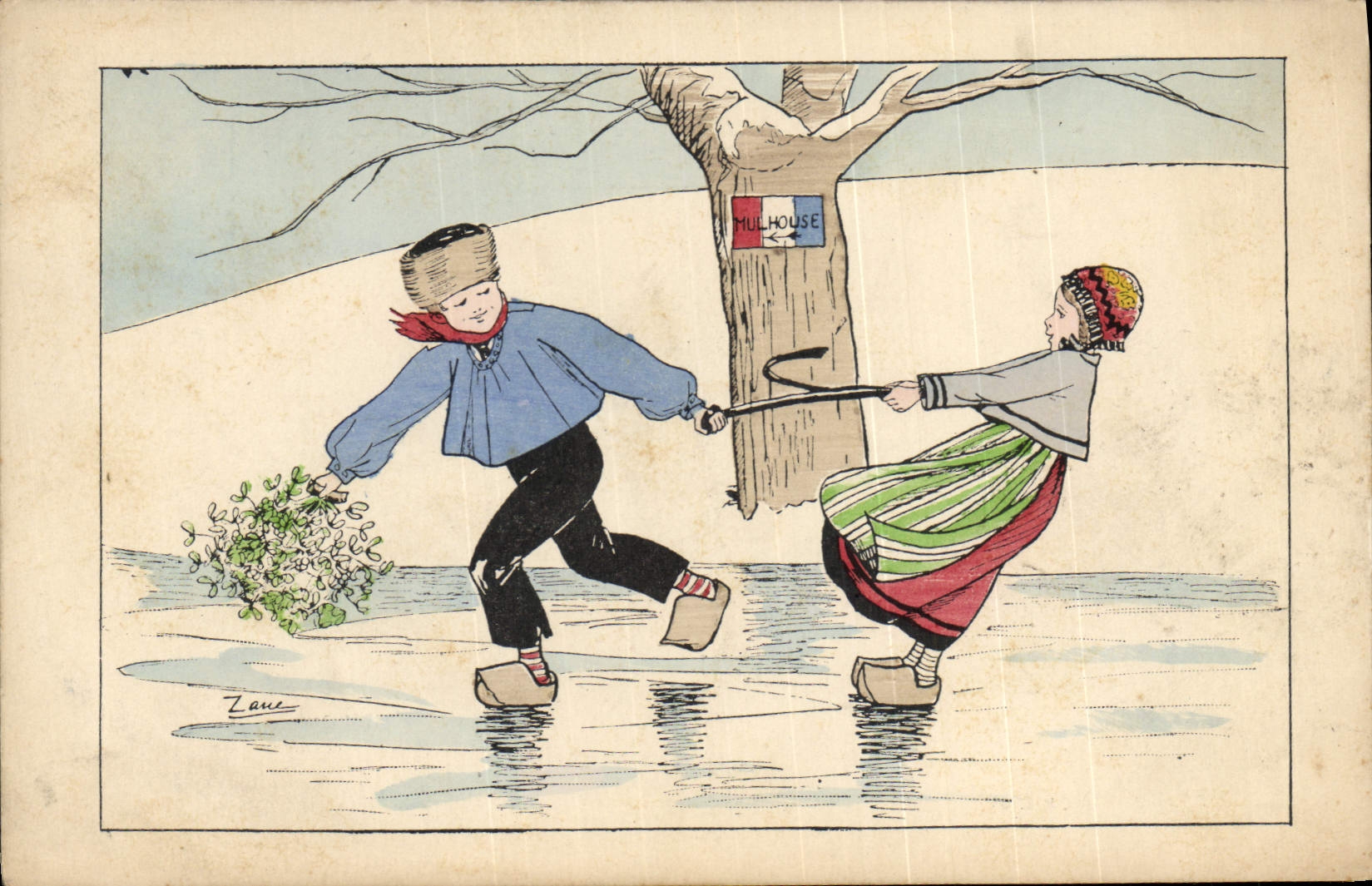 CPA Folklore Alsace Enfants Patins a glace