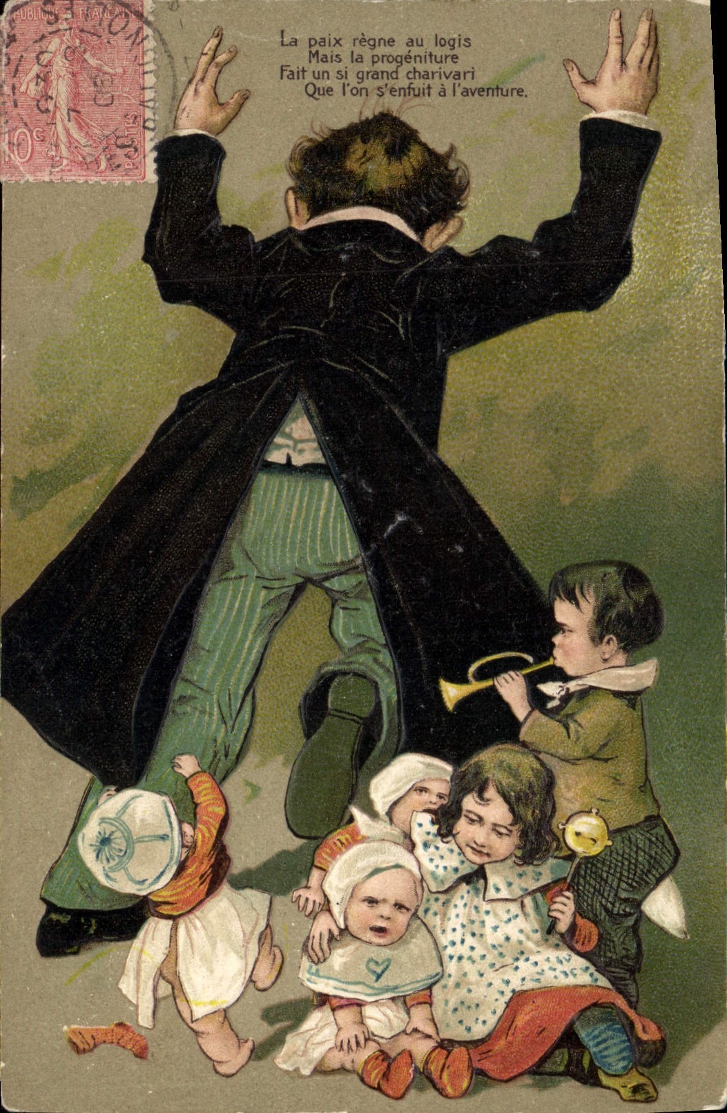 Vintage Postcard Fantaisie Master Children Trumpets