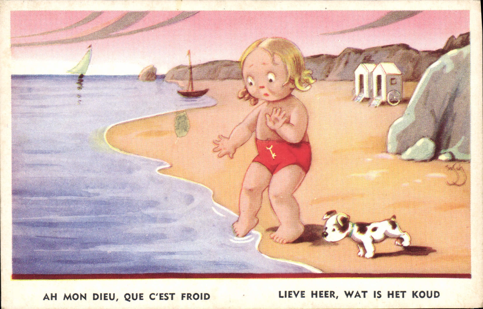 Vintage Postcard Fantasy Illustrator Child Beach Dog