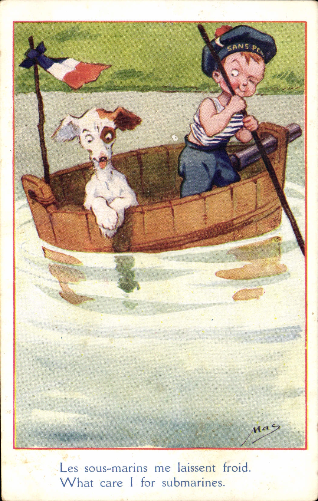 Vintage Postcard Fantasy Illustrator Child Dog Boat