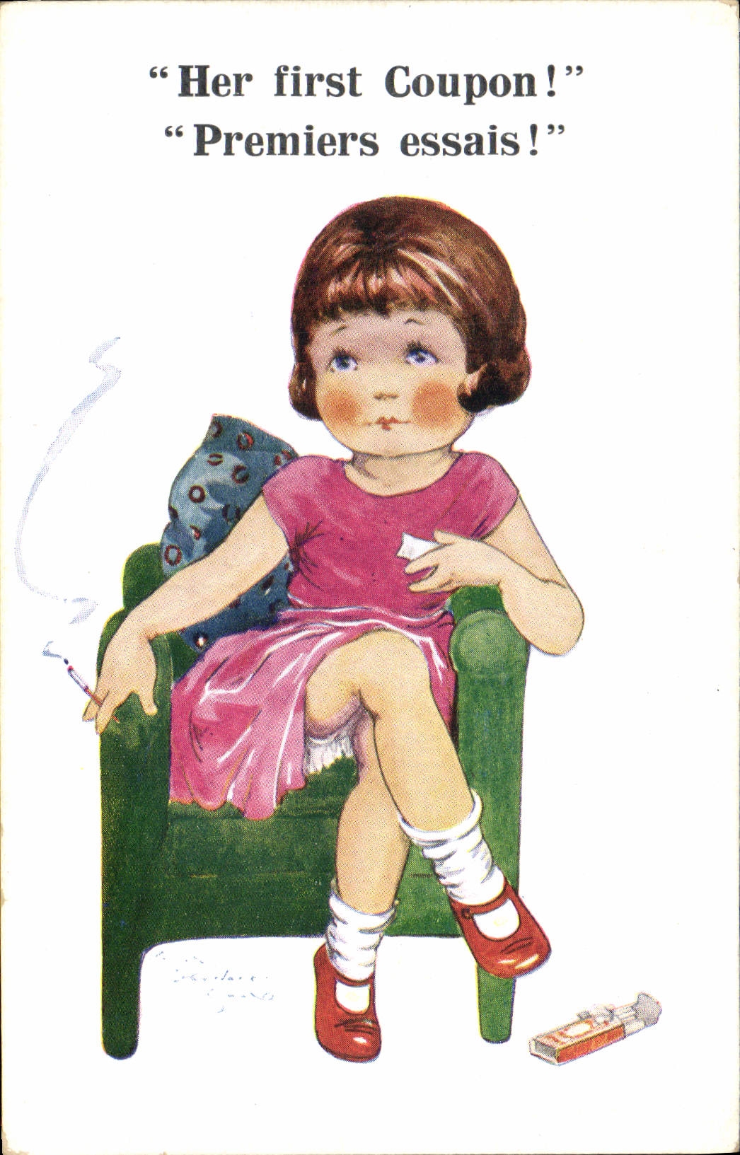 Vintage Postcard Fantasy Illustrator Children Her first coupon! Cigarette Tobacco