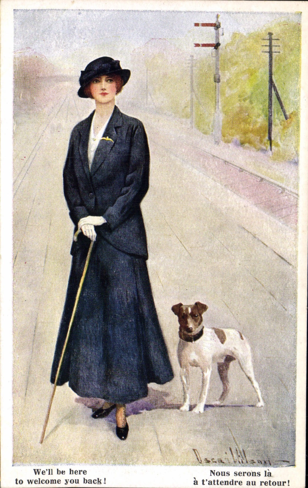 Postal Fantasia Ilustrador Mujer Perro seremos el tenemos esperarte a la vuelta