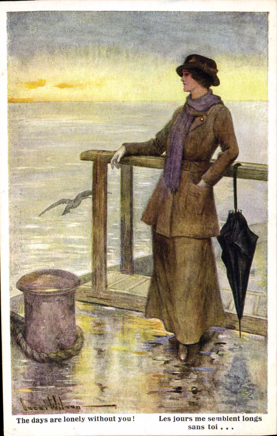 Vintage Postcards Fantaisie Illustrator Woman the days seem to me long