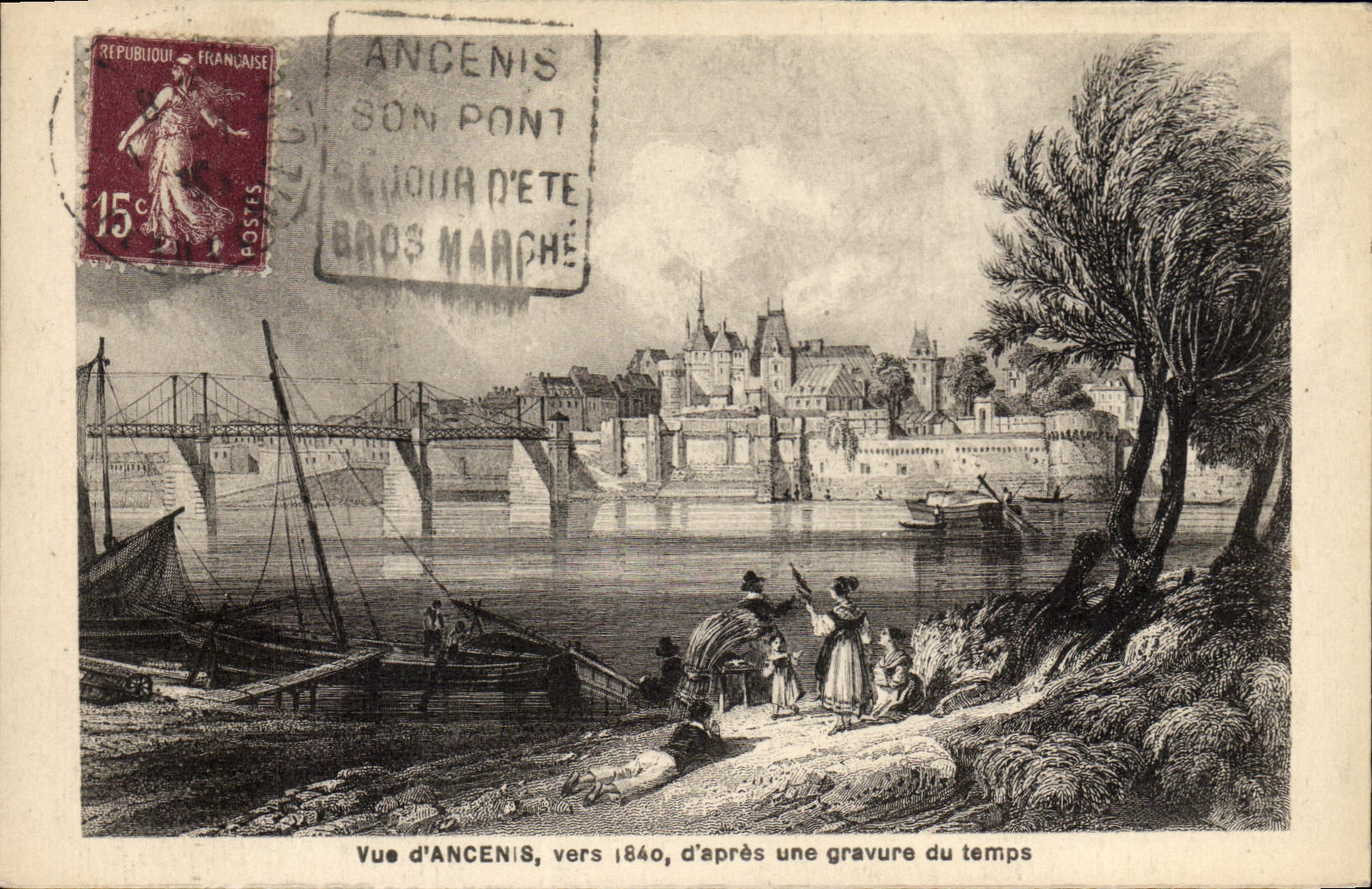 Postal Vista de Ancenis hacia 1840