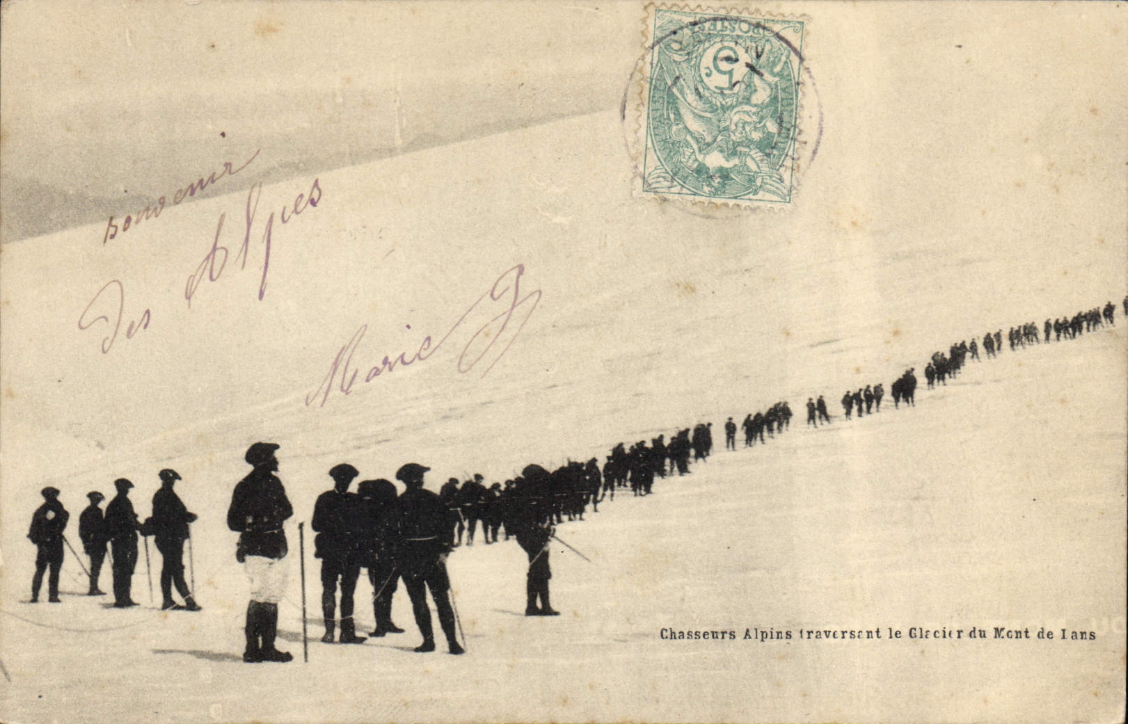 CPA Militaria Chasseurs alpins traversant le glacier du Mont de Lans