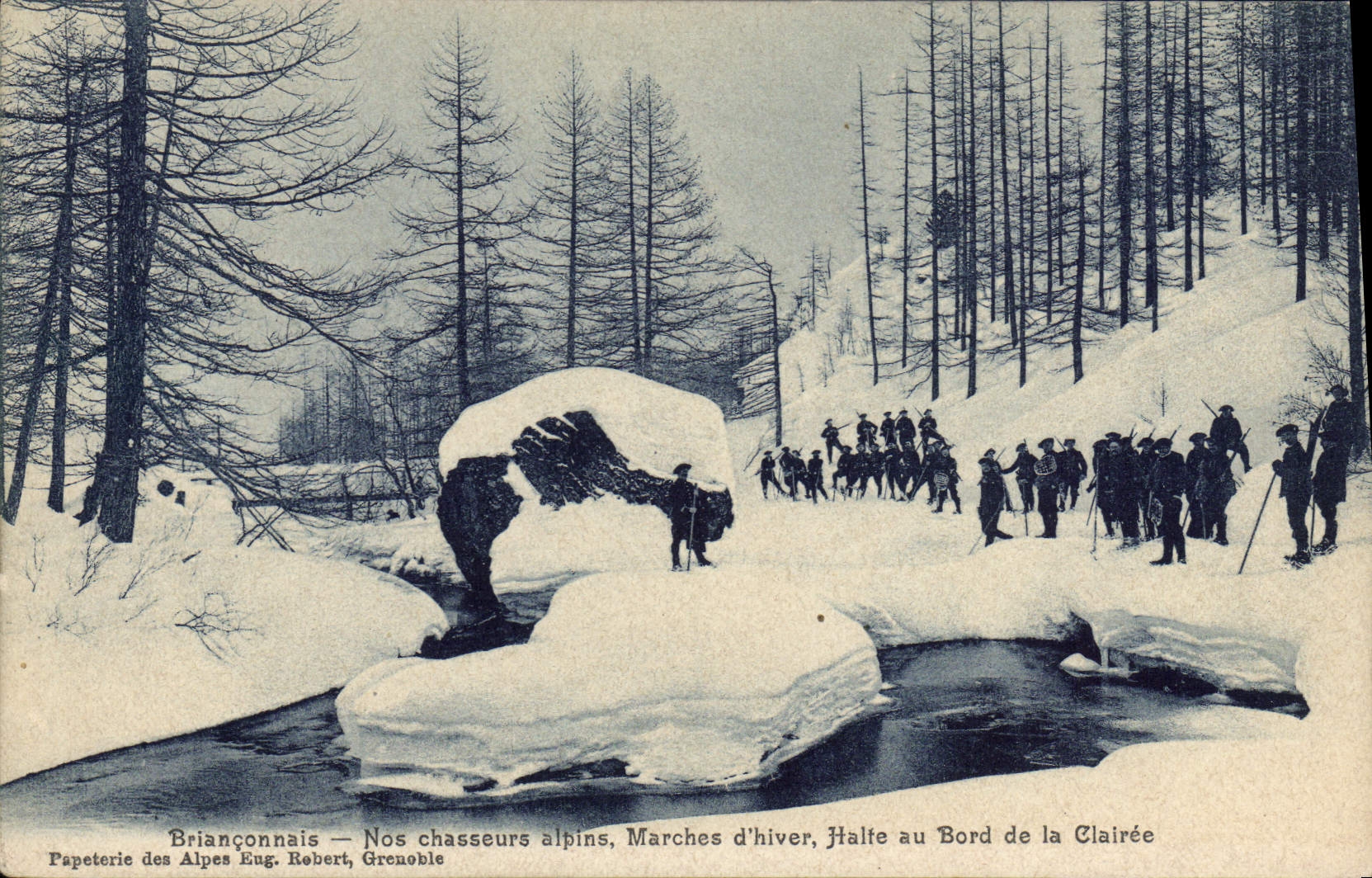 CPA Militaria Brianconnais Nos Chasseurs alpins Marches d'hiver Halte au bord de la Clairee 