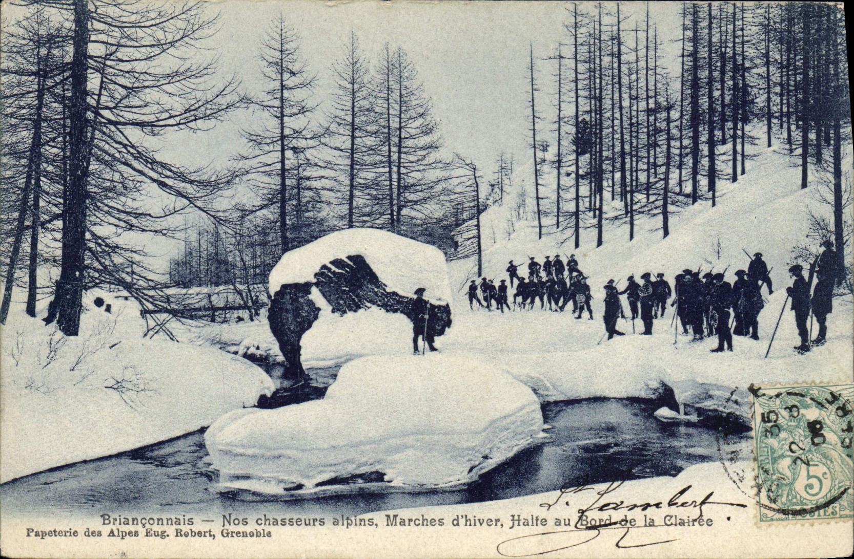 CPA Militaria Brianconnais Nos Chasseurs alpins Marches d'hiver Halte au bord de la Clairee