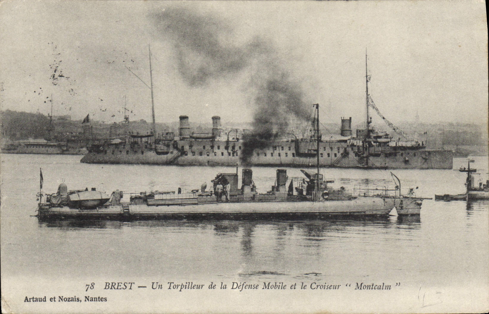 Vintage Postcard Brest Boat a destroyer of mobile Defense and the Montcalm cruiser