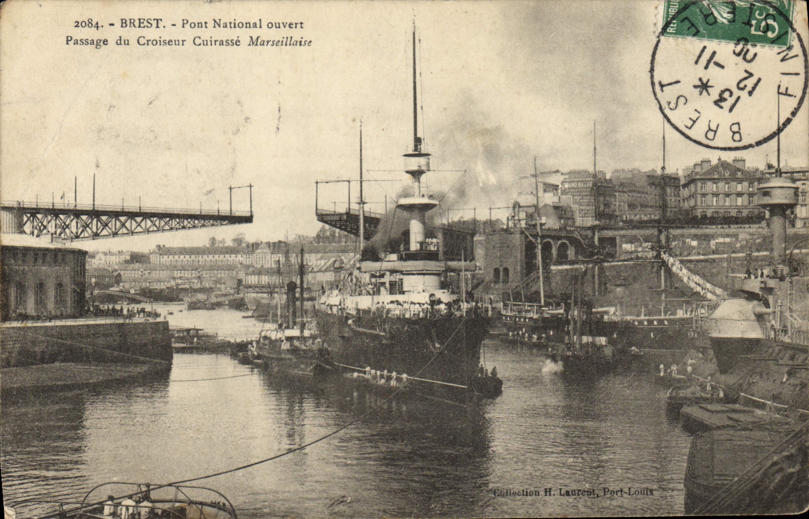 Vintage Postcard Bateau Brest Pont national open Passage of the cruiser Armours Marseilles