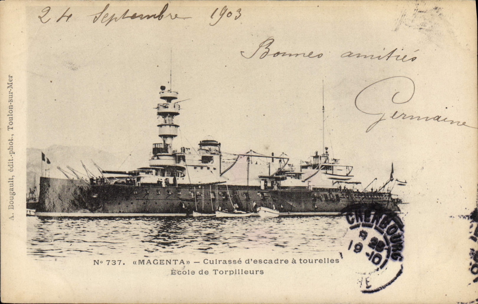 Magenta Vintage Postcard Bateau Armours squadron has Ecole turrets of destroyers