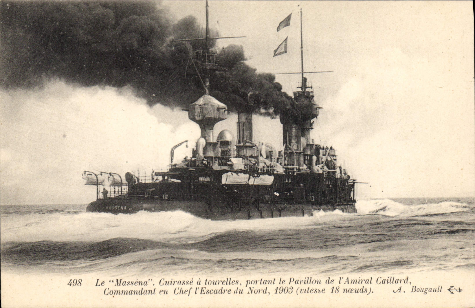 Vintage Postcard Bateau Massena Cuirasse has turrets carrying the house of the admiral Caillard