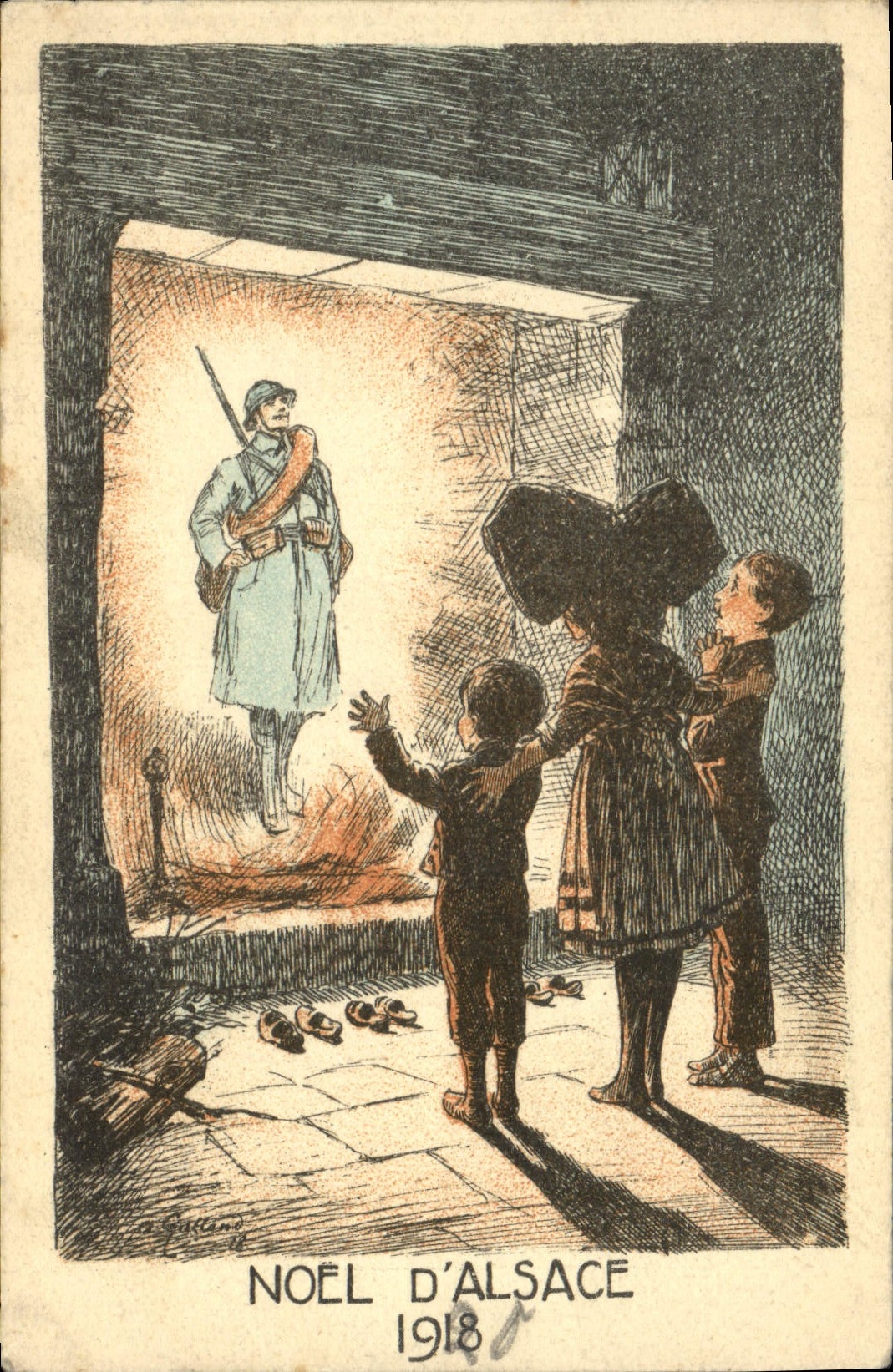 CPA Folklore Noel d'Alsace 1918 Enfants Militaria