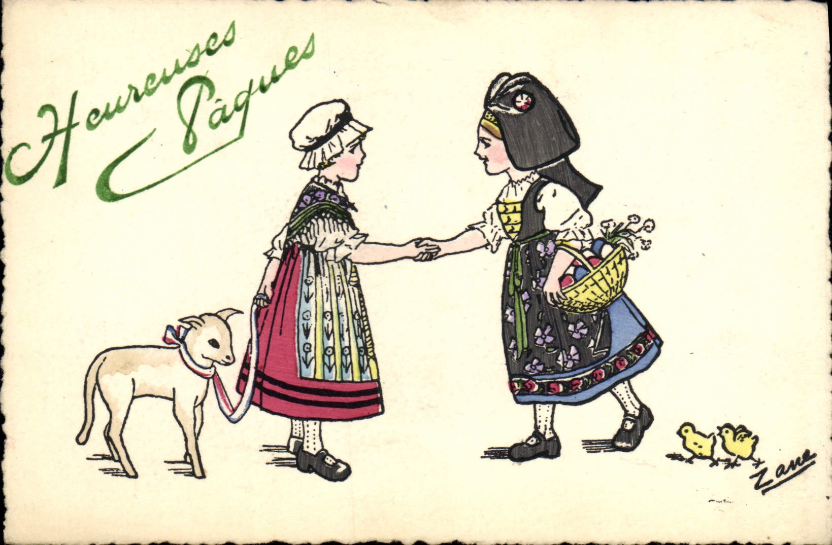 CPA Folklore Alsace Paques Mouton Poussins 