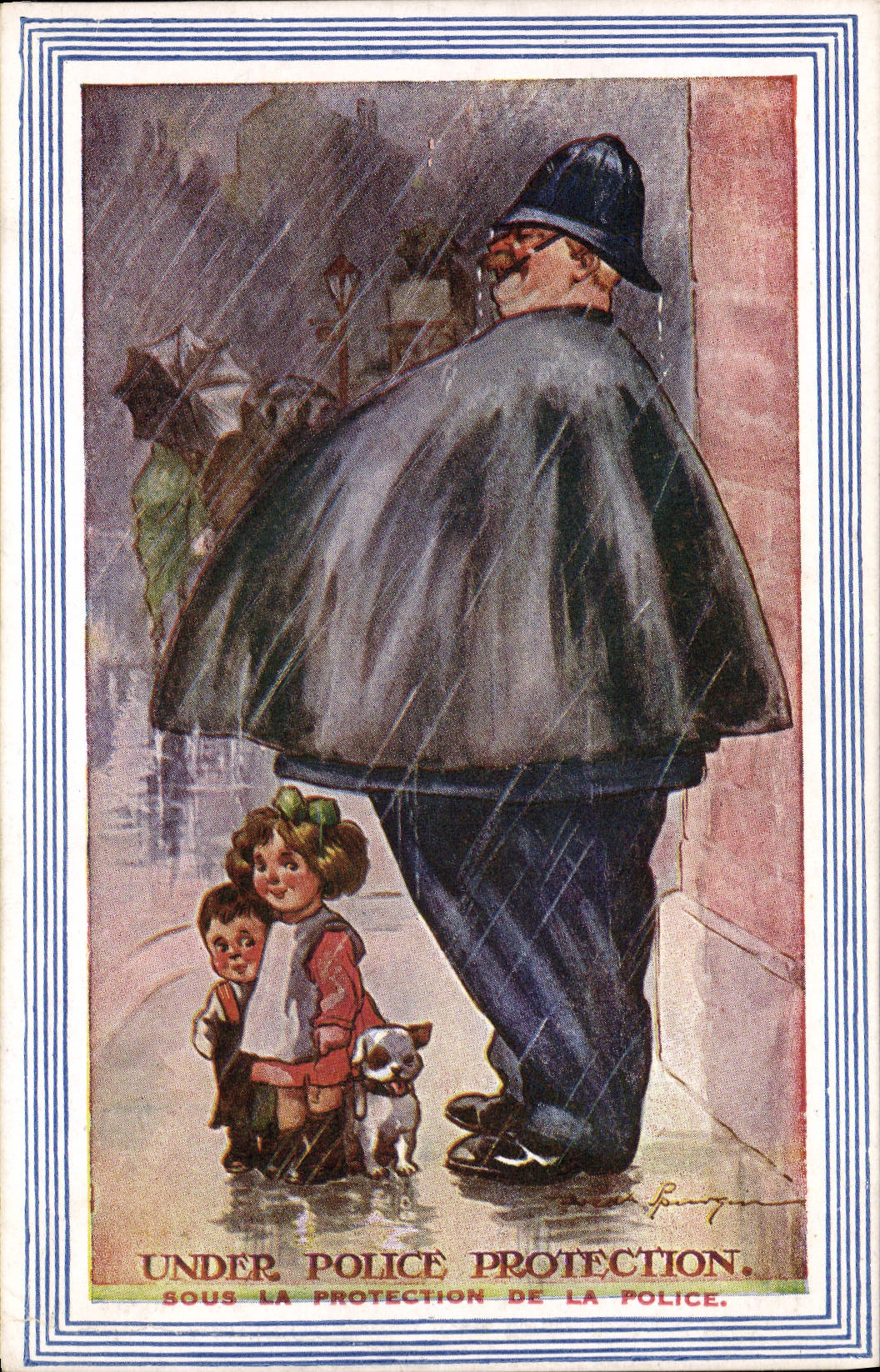 Postal Fantasia Ilustrador Niños Under Policía protección Perro