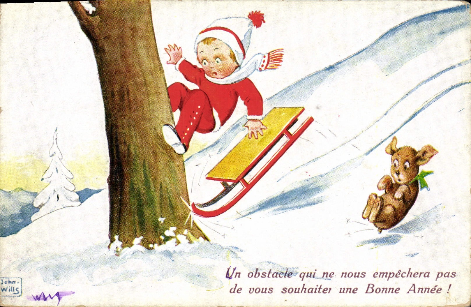 CPA Fantaisie Illustrateur Enfant Luge Chien