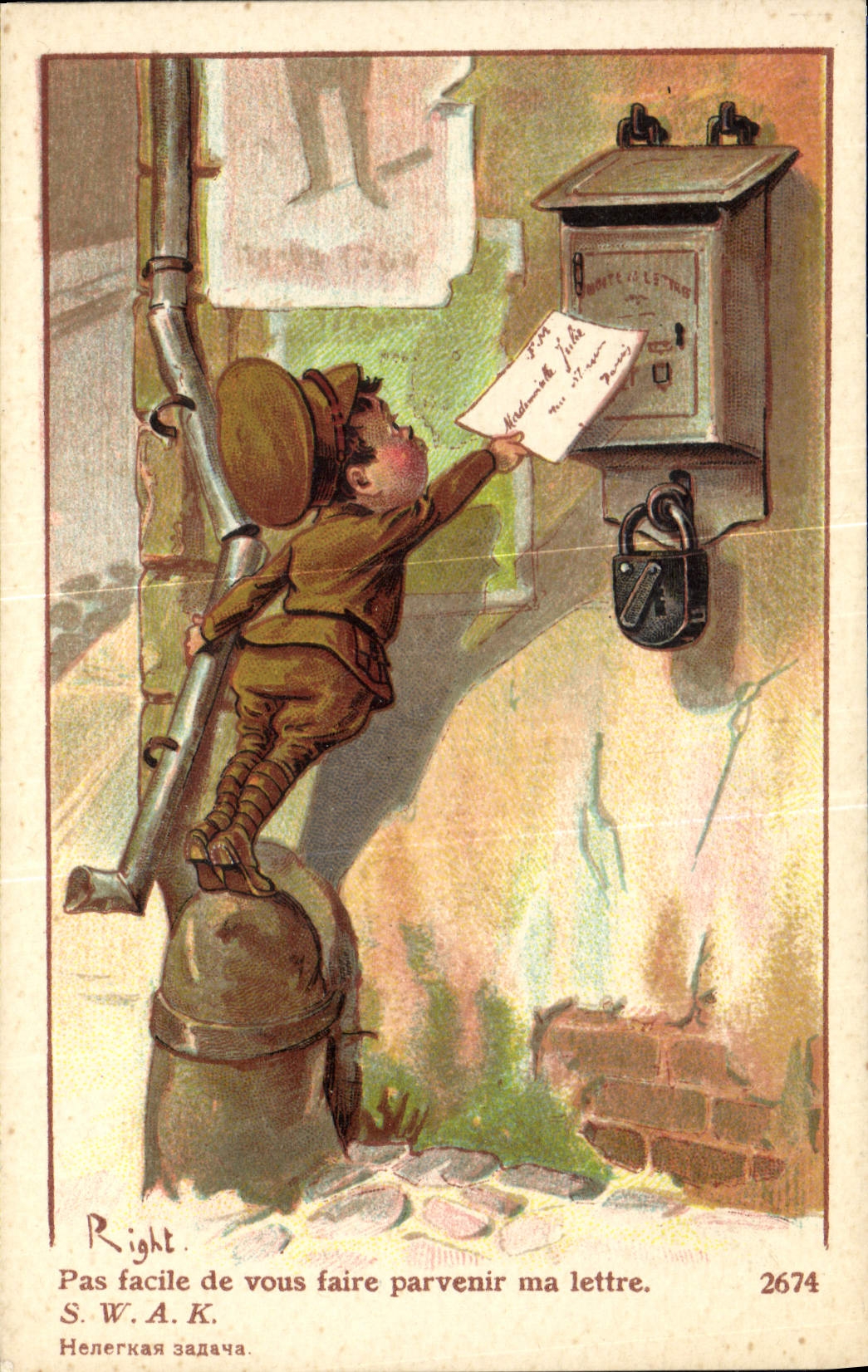 Postal Fantasia Ilustrador Right No fácil hacerle llegar una carta Militaria
