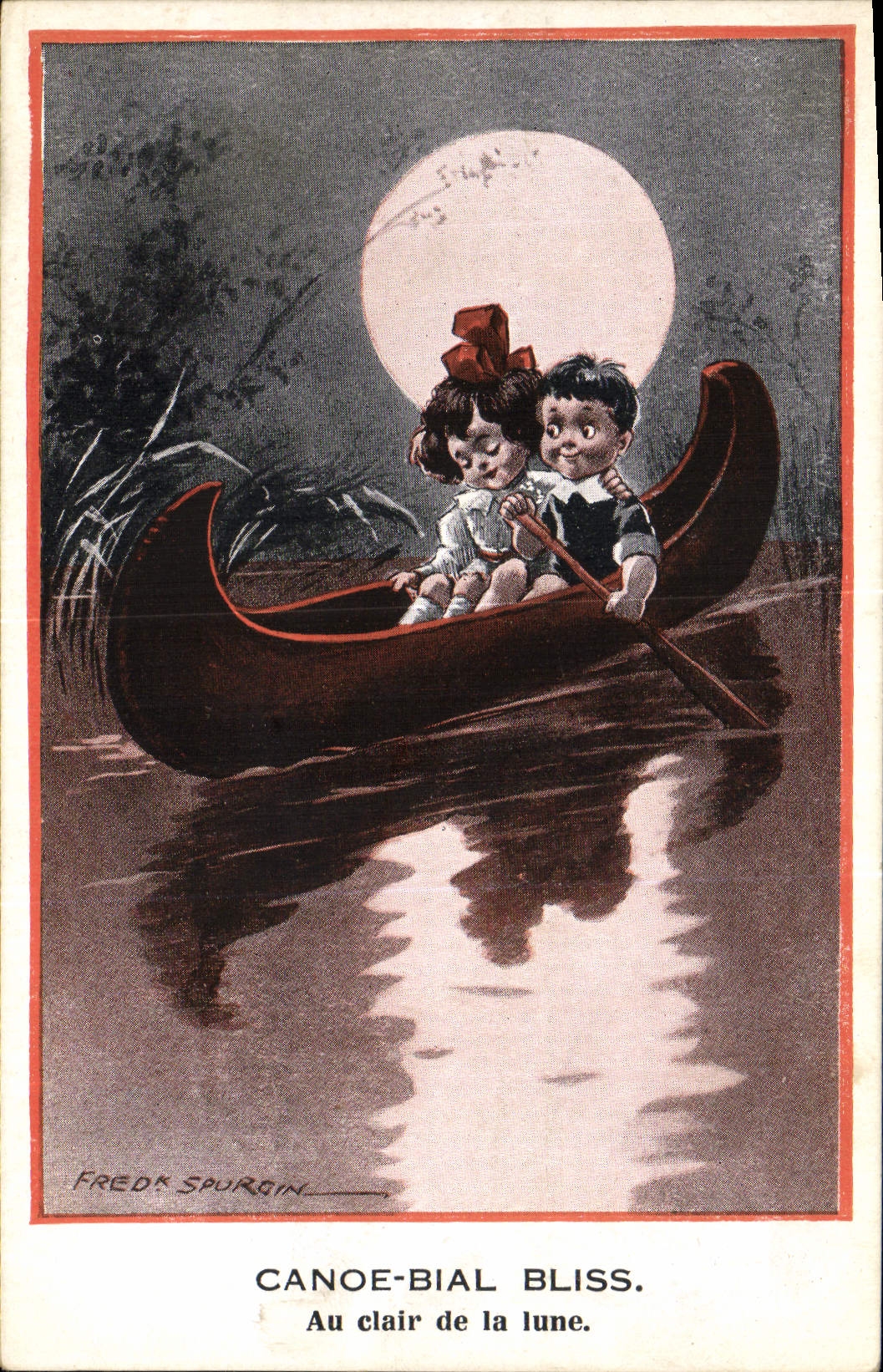 Vintage Postcard Fantasy Illustrator Fred Spurgin Children Canoe the Moon