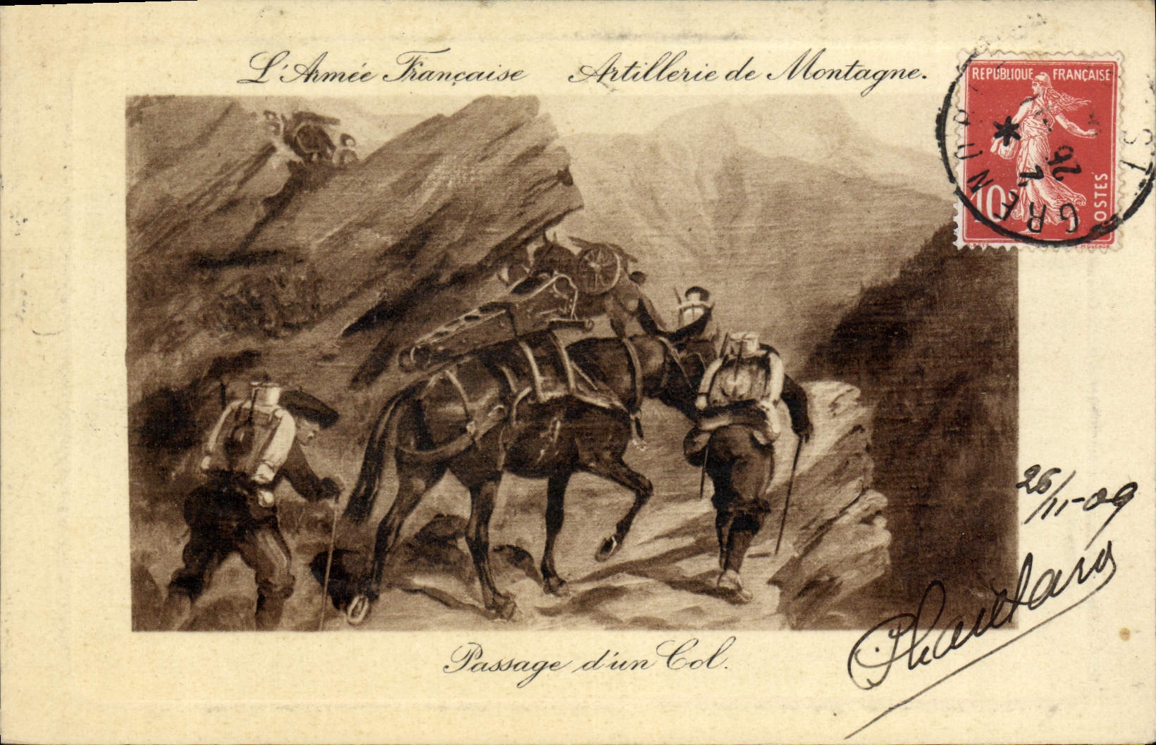 CPA Militaria Chasseurs Alpins Artillerie de montagne Passage d'un col