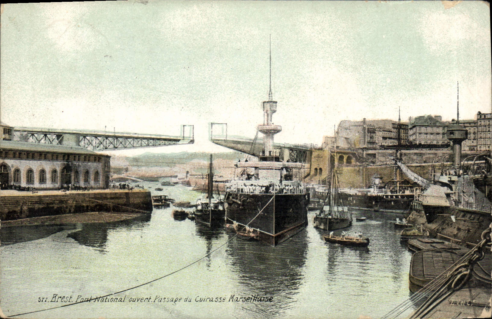 Vintage Postcard Boat Brest national Bridge open Passage of the Marseilles armor