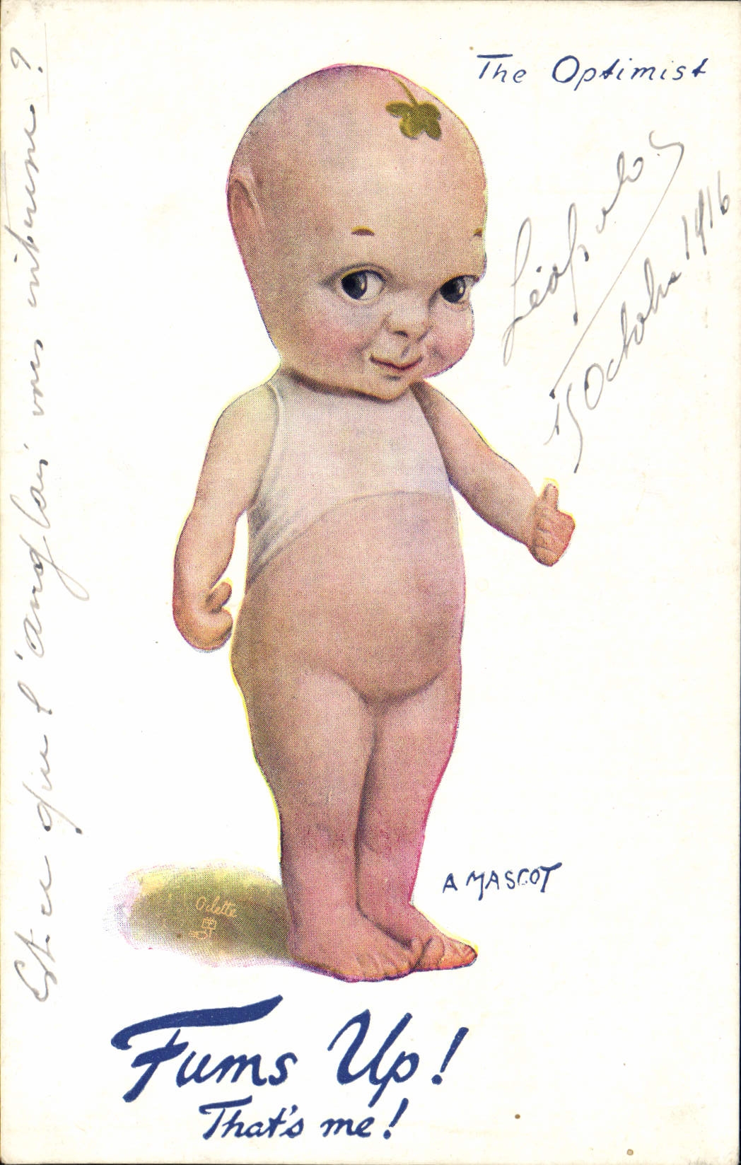 Vintage Postcard Fantasy Illustrator Child Fums up! mascot has