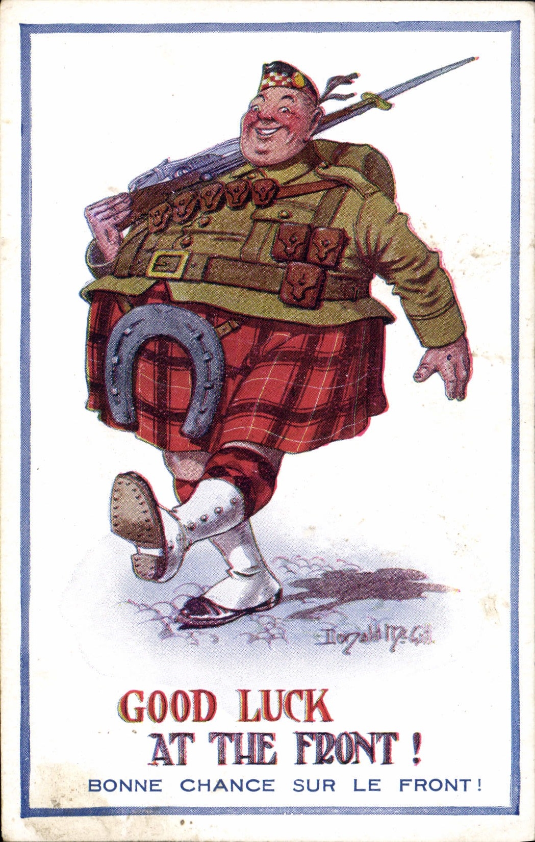 CPA Fantaisie Illustrateur Donald Mc Gill Good luck at the front Militaria