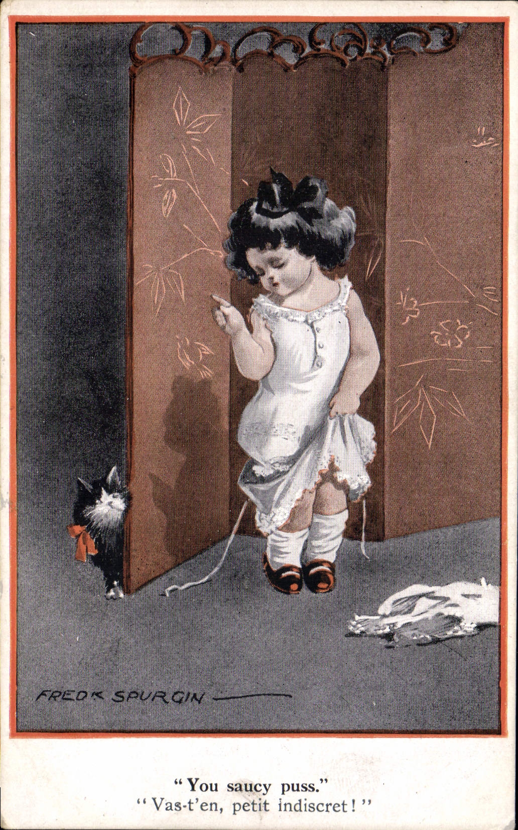 CPA Fantaisie Illustrateur Fred Spurgin Enfant Chat You saucy puss