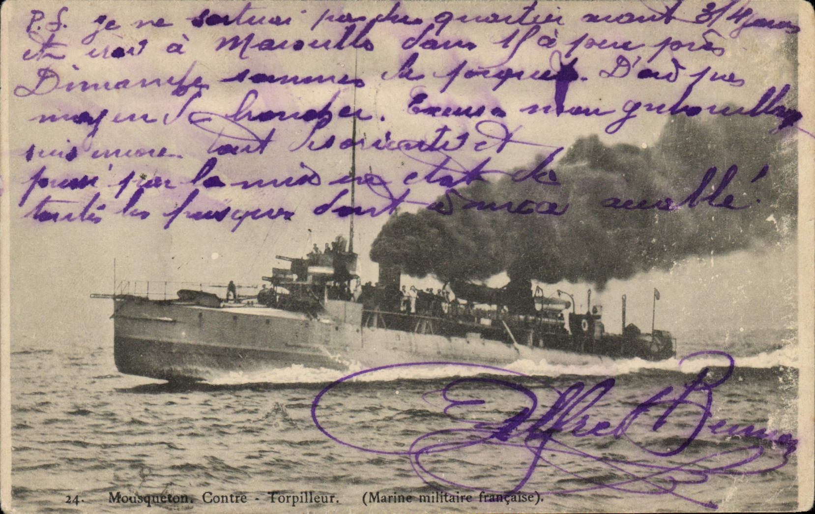 Vintage Postcard Boat Snap hook Against destroyer