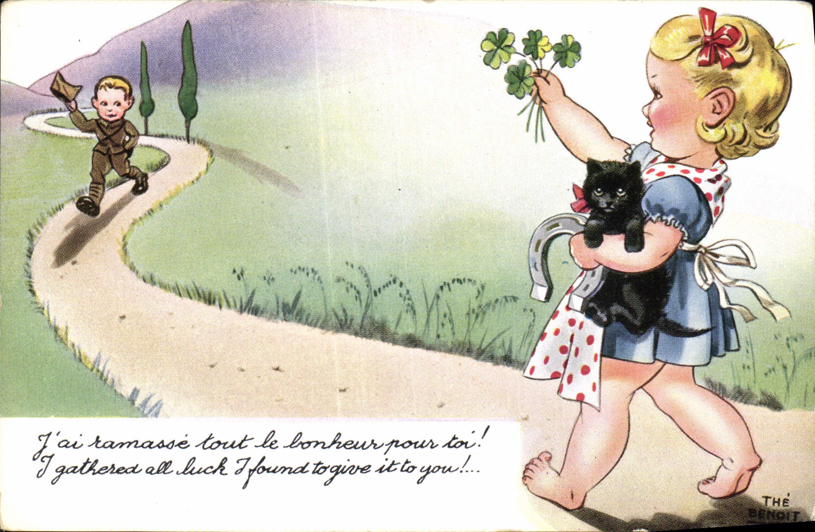 CPA Fantaisie Illustrateur Enfants Chat Fer a cheval 