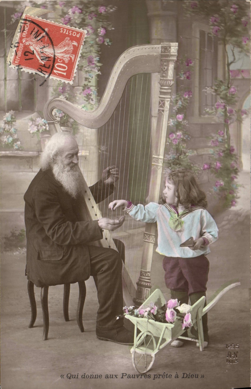 CPA Enfant Vieillard Harpe