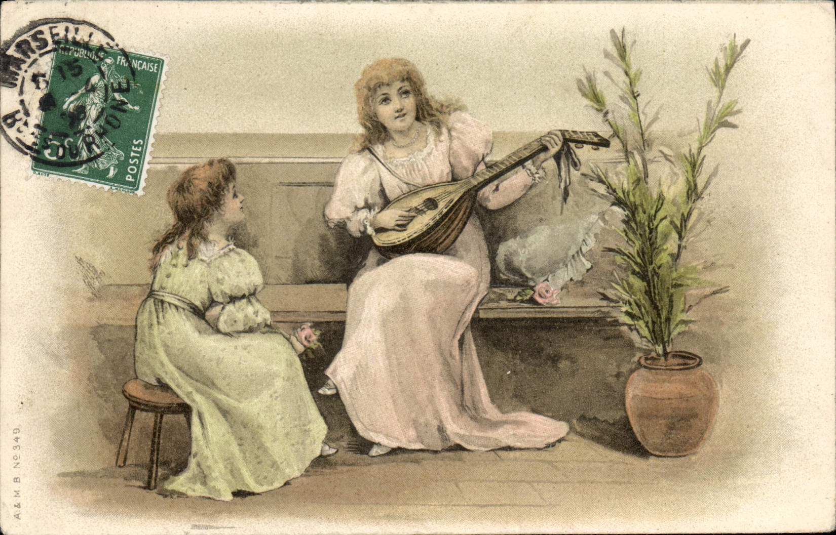 CPA Femme Enfant Mandoline