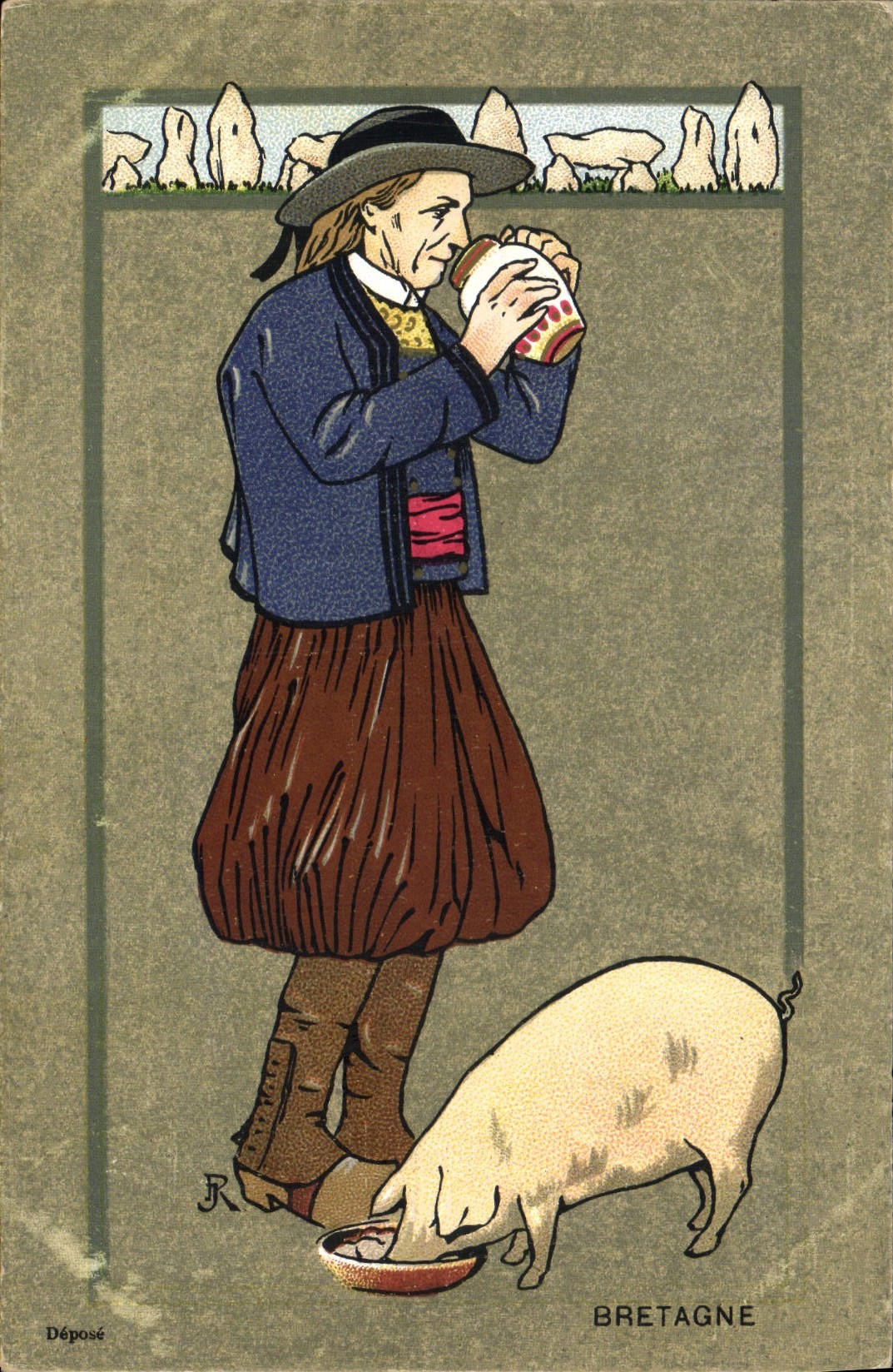 Vintage Postcard Pig Pig Brittany Folklore Menhir