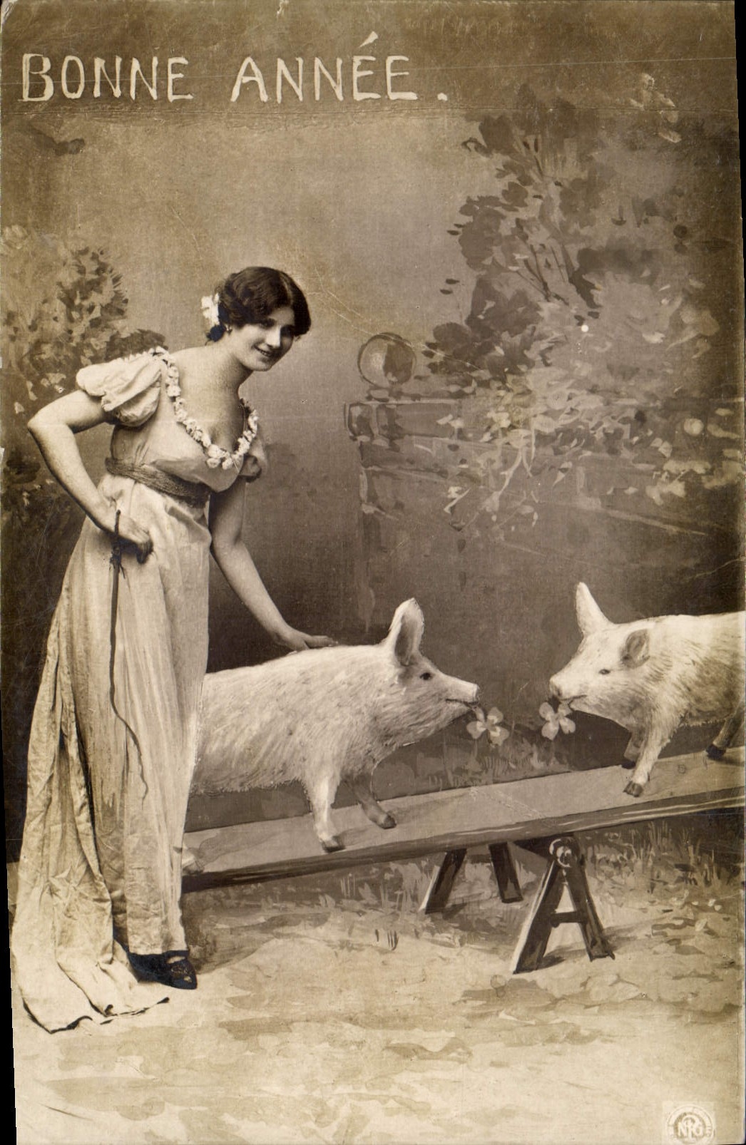 CPA Cochon Porc Femme Balancoire