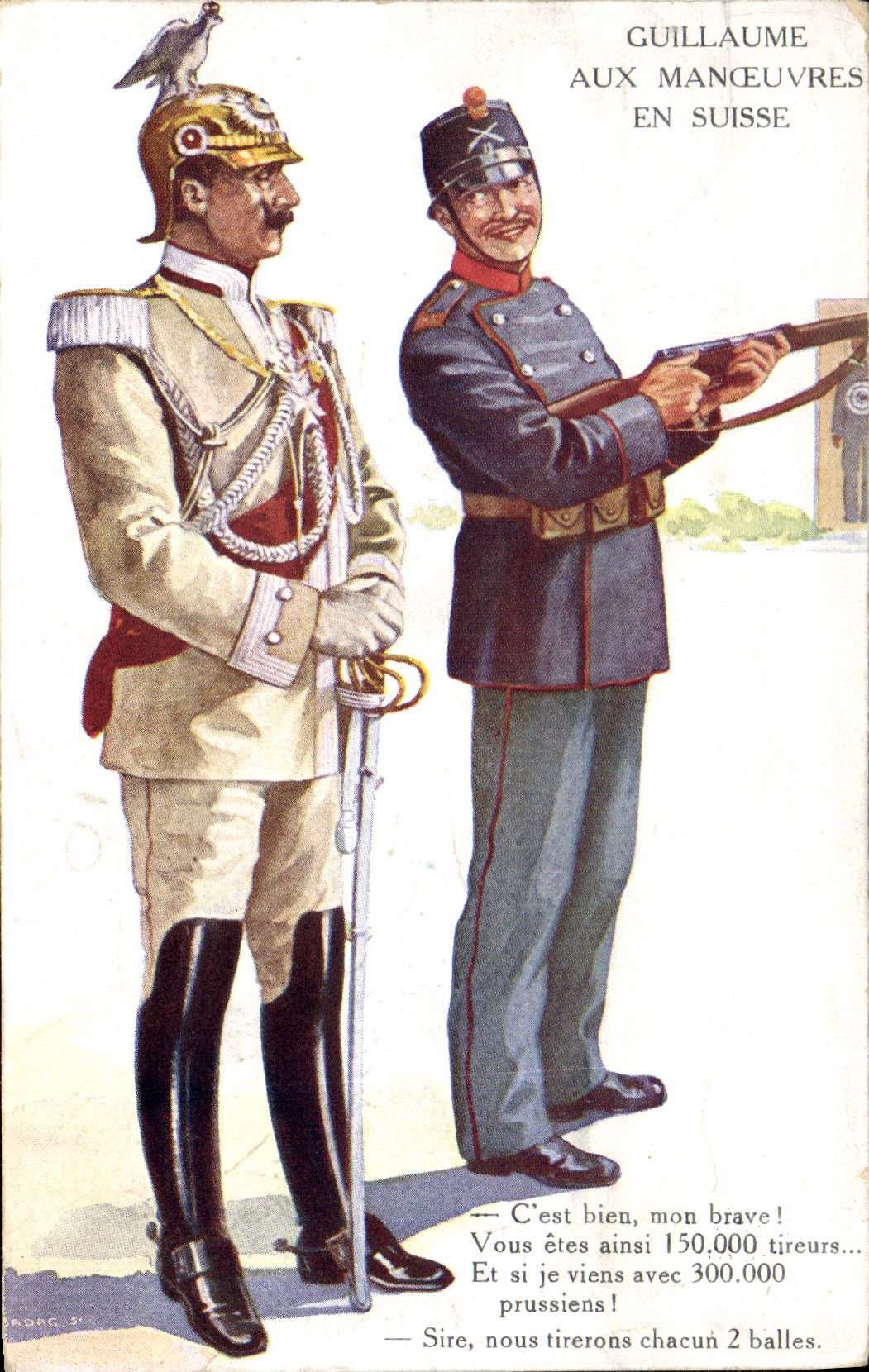 CPA Fantaisie Illustrateur Militaria Guillaume aux manoeuvres en Suisse Aigle