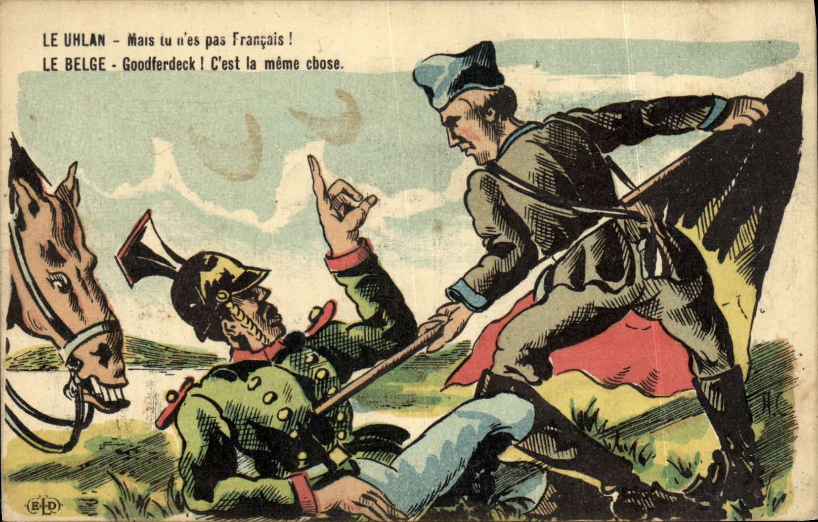 Postal Fantasia Ilustrador Militaria el Uhlan sino no eres Francés!