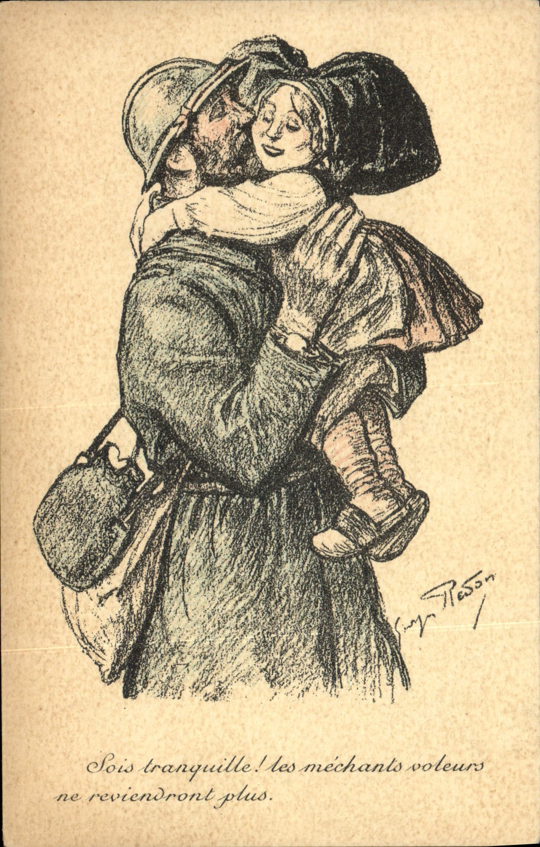 Postal Fantasia Ilustrador Militaria Niño Melenudo Alsacia