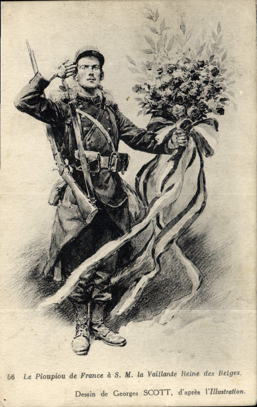 CPA Fantaisie Illustrateur Militaria Le Pioupiou de France a SM la Vaillante Reine des Belges Scott L'Illustration 