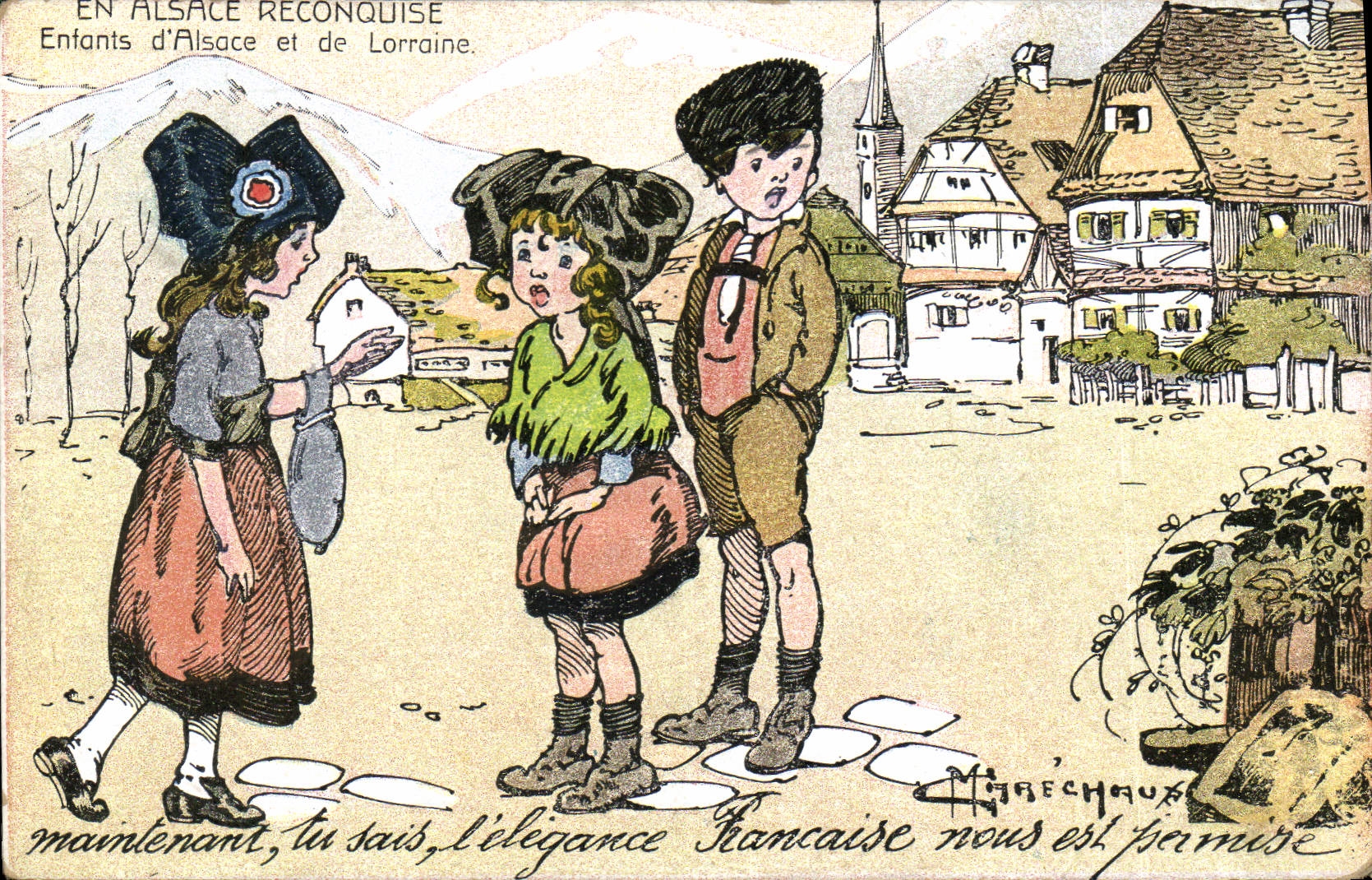 Postal Fantasia Ilustrador Militaria en Alsacia Niños de Alsacia y Lorena