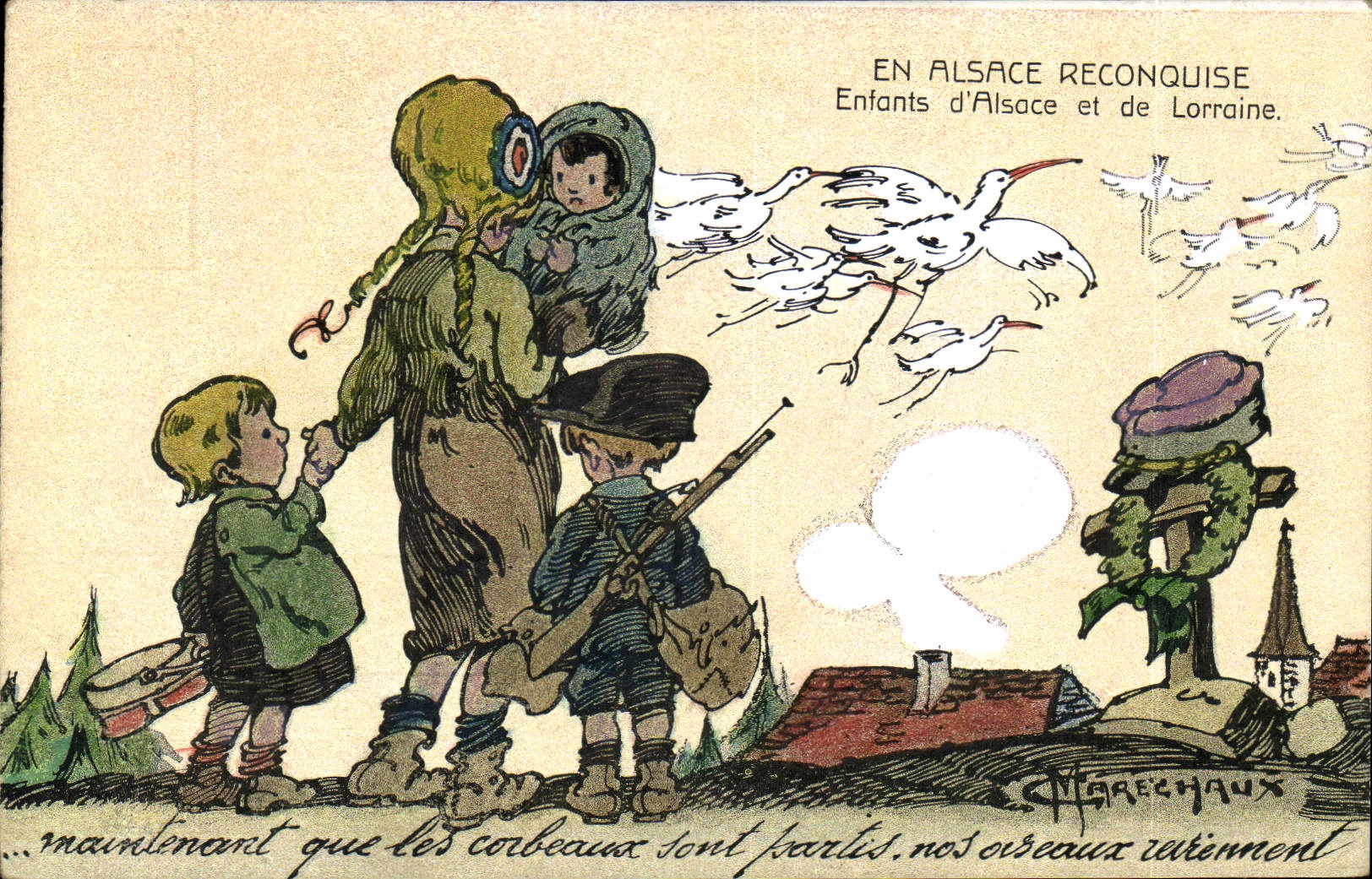 Postal Fantasia Ilustrador Militaria en Alsacia reconquistada Niños de Alsacia y Lorena