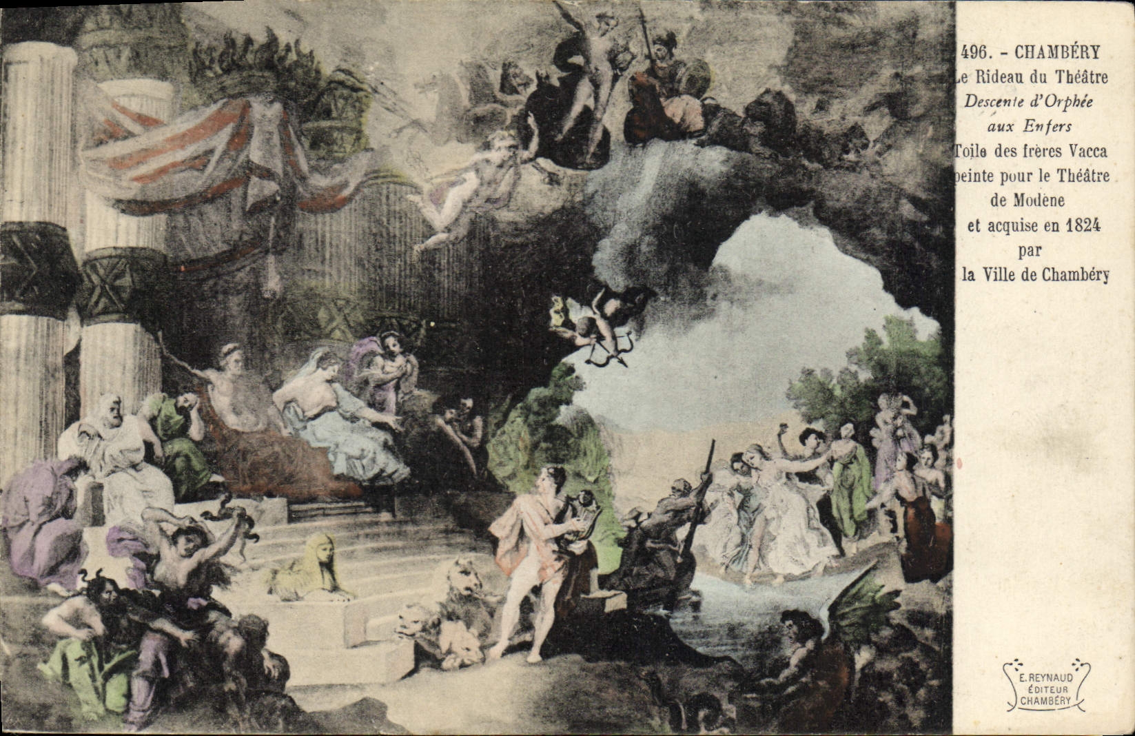 Vintage Postcard Chambéry Theater the curtain of the theater Descent of Orphee to the Hells Fabric of the Vacca Brothers